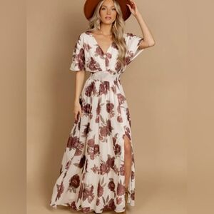 Floral Maxi Dress in Cream and Brown